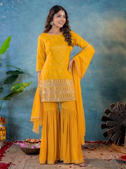 Kasya - Mustard Tissue Embroidered Kurta & Sharara With Dupatta (Set of 3)