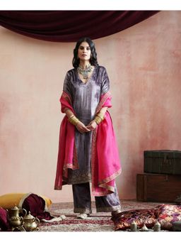 WeaverStory - Dark Grey Hand Embroidered Kurta with Farshi & Organza Dupatta (Set of 3)