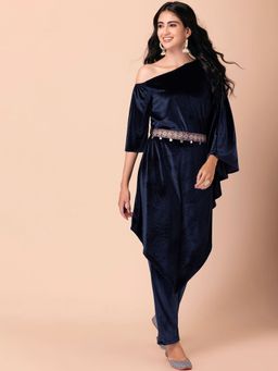 Indya - Navy Blue Velvet Kaftan With Fitted Pants And Belt (Set of 3)