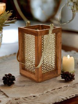 At Home by Nilkamal - Decorative Metal & Wooden Hanging Lantern (Brown & Gold)