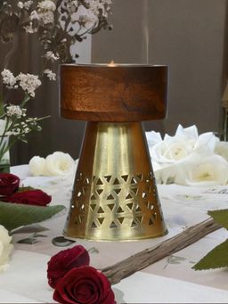At Home by Nilkamal - Tower Stout Votive Candle Stand Metal & Wooden (Brown & Gold)