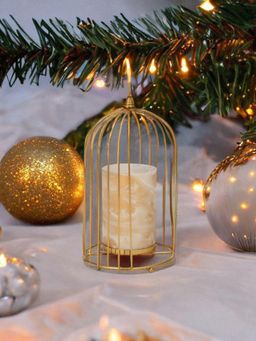 At Home by Nilkamal - Hurricane Allure Cage Candle Stand Glass & Metal (Gold)
