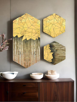 At Home by Nilkamal - Mirage Hexa Wall Paintings|Set of 3 panels|Size - 29 cm x 73 cm|Gold