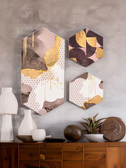 At Home by Nilkamal - Ornate Hexagonal Painting Set of 3 Multi-Color