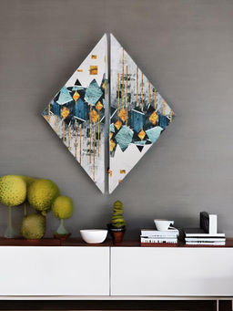 At Home by Nilkamal - Abstract Wave Wall Paintings|Set of 2|Size - 29 cm x 81 cm|Sea Green & Gold