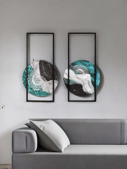 At Home by Nilkamal - Ripple Wall Paintings|Set of 2|Size - 33 cm x 66 cm|Sea Green & Silver