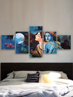 At Home by Nilkamal - Radha Krishna Wall Paintings|Set of 5|Size - 63 inch x 29 inch|Sea Green & Silver
