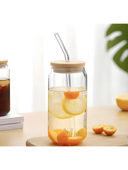 NFI Essentials - Drinking Glass Tumbler Sipper with Bamboo Lid and Reusable Glass Straw