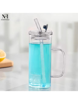 NFI Essentials - Drinking Glass Tumbler Sipper with Bamboo Lid and Reusable Glass Straw with Handle