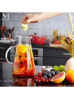 NFI Essentials - Water Pitcher Borosilicate Glass Jug with Air Tight Steel Lid & Handle
