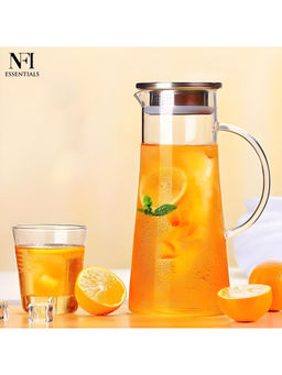 NFI Essentials - Water Pitcher Borosilicate Glass Jug with Air Tight Steel Lid & Handle