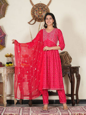 Buy Yash Gallery Womens Red Embroidered Aliya Cut Kurta with Pant