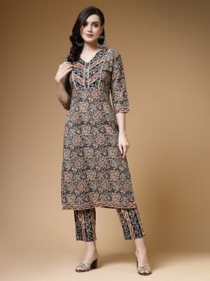 Indibelle Cotton Floral Print Kaftan Kurta (Brown)
