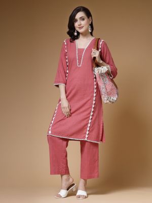 Indibelle Kantha Cotton A-Line Kurta (Pink)