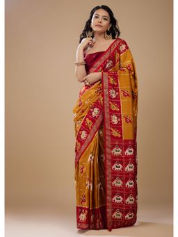 KALKI FASHION - Nugget Yellow Patola Print Saree In Satin with Unstitched Blouse