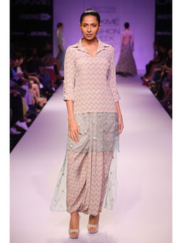 Payal Singhal - Kama Blue Printed Kurta with Embroidered Organza & Dhoti Skirt (Set of 2)
