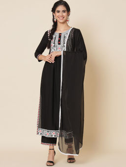 Meeranshi - Womens Solid Black Embroidered Nayra Cut Style Kurta (Set of 3)