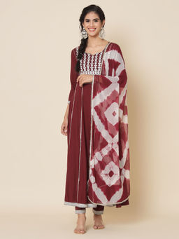 Meeranshi - Womens Maroon Embroidered Anarkali Kurta (Set of 3)