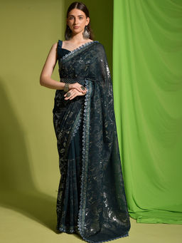 Odette - Teal Georgette Embellished Saree with Unstitched Blouse