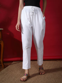 Seva Chikan - Hand Embroidered White Cotton Lucknawi Chikankari Pants