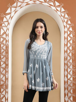 Seva Chikan - Hand Embroidered Grey Lucknowi Chikankari Angarkha Kurti With Inner (Set of 2)