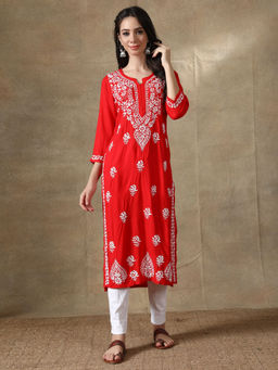 Seva Chikan - Hand Embroidered Red Cotton Kurta With Pants-scl8014 (Set of 2)