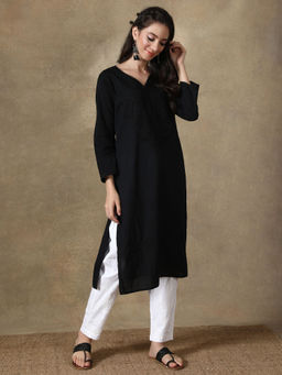 Seva Chikan - Hand Embroidered Black Cotton Kurta With Pants-scl8019 (Set of 2)
