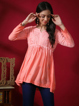 Seva Chikan - Hand Embroidered Peach Rayon Lucknowi Chikankari Kurti