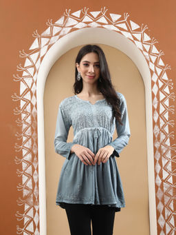 Seva Chikan - Hand Embroidered Grey Rayon Lucknowi Chikankari Kurti