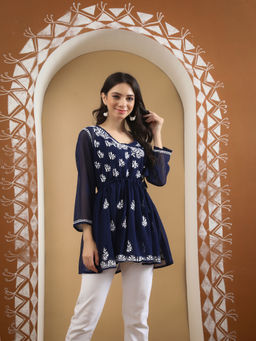 Seva Chikan - Hand Embroidered Navy Blue Lucknowi Chikankari Kurti With Inner (Set of 2)