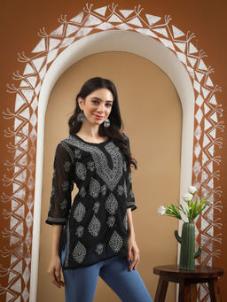 Seva Chikan - Hand Embroidered Black Georgette Lucknowi Chikankari Kurti With Inner (Set of 2)