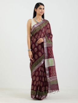AUJJESSA - Cotton Linen Plum Handcrafted Saree with Unstitched Blouse