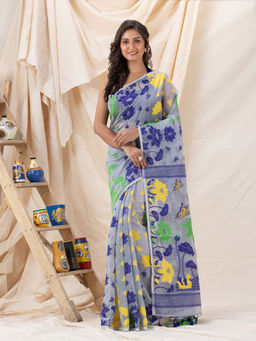 Angoshobha - Traditional Blue Soft Dhakai Jamdani Saree with Unstitched Blouse