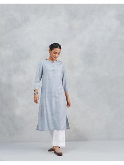 Fabindia - Blue Cotton Blend Printed Straight Kurta