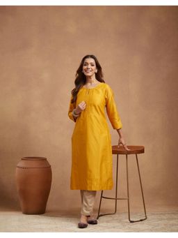 Fabindia - Mustard Cotton Silk Embroidered Straight Kurta