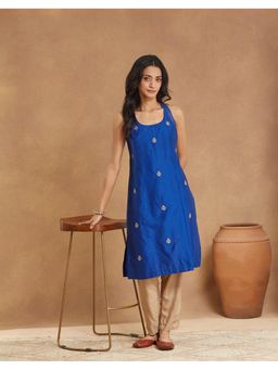 Fabindia - Blue Cotton Silk Thread Work Straight Kurta