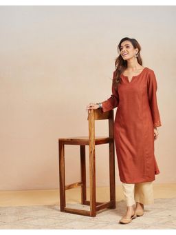 Fabindia - Rust Wool Thread Work Straight Kurta