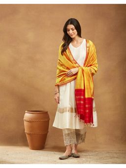 Fabindia - Women Mustard Cotton Silk Blend Maheshwari Dupatta