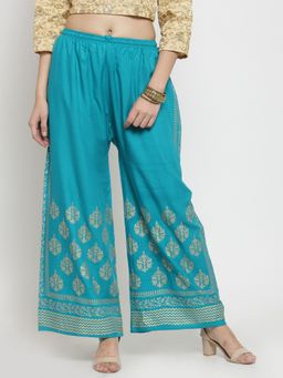 Clora Creation - Women Rayon Turquoise Floral Palazzo