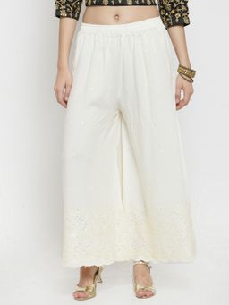 Clora Creation - Women Rayon White Embroidered Palazzo