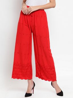 Clora Creation - Women Rayon Red Embroidered Palazzo
