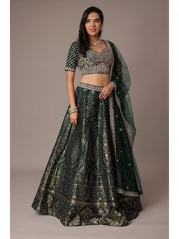 Zari Jaipur - Women Green Embroidered Blouse with Lehenga and Dupatta
