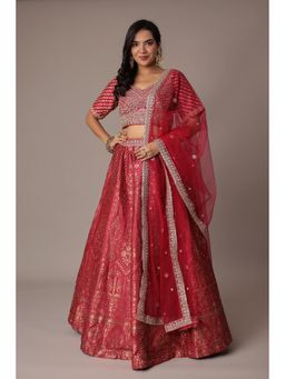 Zari Jaipur - Women Red Embroidered Blouse with Lehenga and Dupatta