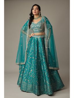 Zari Jaipur - Embroidered Blue Blouse with Lehenga and Dupatta