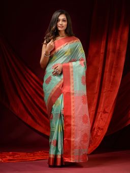 CHARUKRITI - Jade Green Tusser Silk Woven Floral Motifs & Paisley Borders Saree