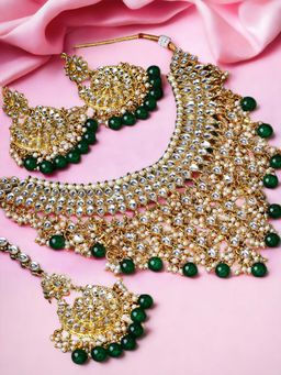 OOMPH - Green Beads Kundan Heavy Choker Necklace Set with Marching Earrings Maangtikka