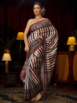Libas - Maroon Striped Mirror Work Saree With Ethnic Motifs Border & Unstitched Blouse