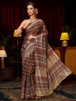 Libas - Brown Ethnic Motifs Mirror Work Saree with Unstitched Blouse