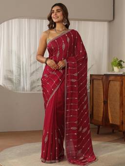 Libas - Pink Stone Work Embellished Saree With Embellished Border & Unstitched Blouse