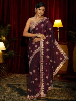 Libas - Wine Floral Zari Stone Work Embroidered Saree with Unstitched Blouse